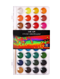 Краски акварельные 36 цв, круглые кюветы 23 мм, с кистью, пластиковый пенал, TOP CALLIGRATA 10353573