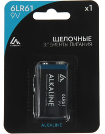 Батарейка алкалиновая (щелочная) LuazON, 6LR61, 9V, крона, блистер, 1 шт