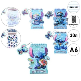 Блокнот МАЛЫЙ ФОРМАТ А6 спираль 30л " Mazari " Стич, 30л линия, 8л с наклейками, 4 дизайна (без возм