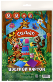 Картон цветной А4 8л 8цв " Creativiki " Милые зверята, в папке(Формат листов:   А4
Плотность, г/м2: 