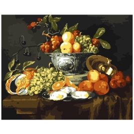 Картина по номерам " Lori " 40*50см Натюрморт с фруктами, чашей и устрицами, состав набора: холст с