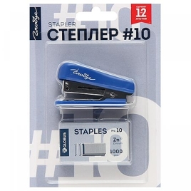 Степлер №10 +скобы на 12л " Глобус " 50скоб металлический, встроенный антистеплер, один режим скрепл