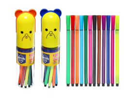 Фломастеры 12 цветов, в тубусе, Полоски, желтый Мишка/Киска   10517906