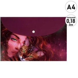 Папка на кнопке " Феникс " А4 Девушка с рыжим котом, пластик 0,18мм, 1 отделение, непрозрачная, 33,5